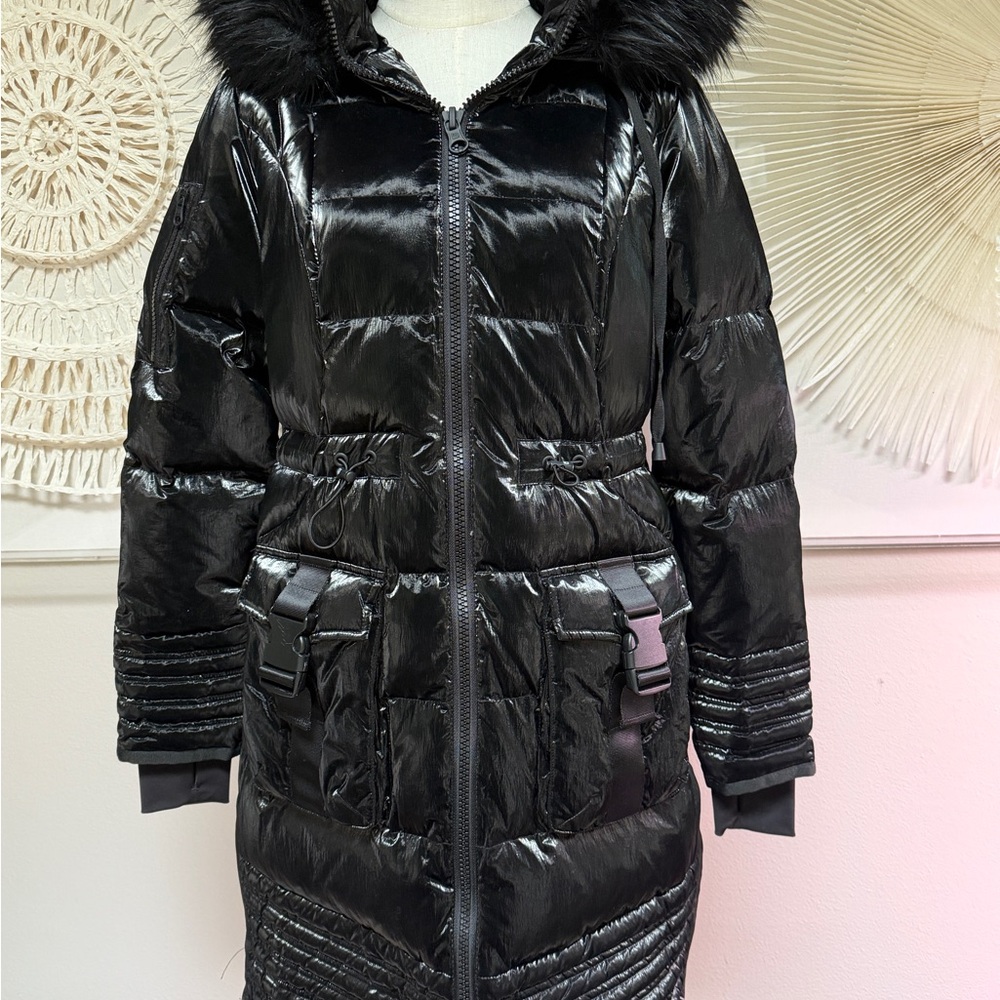 Blanc Noir Breakthrough Storm Coat with Faux Fur Hood, sz S